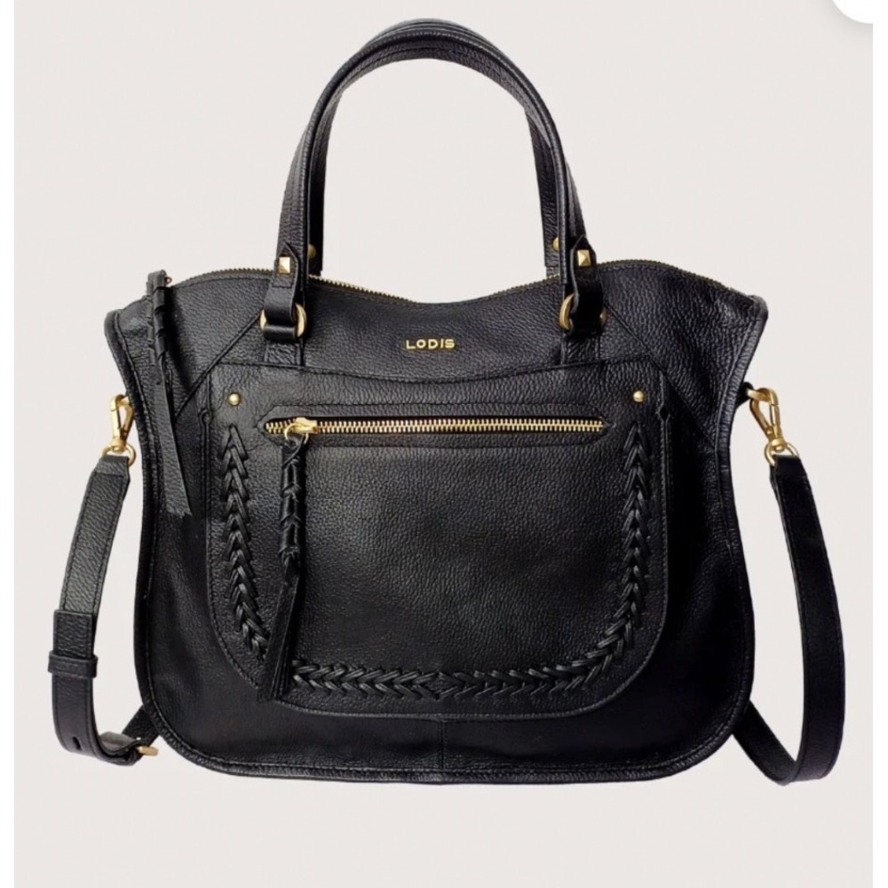 Lodis Satchel Bag Women Medium Black Braided Leather Crossbody {Boho Chic}